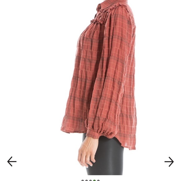 Max Studio Cotton Plaid Feminine Blouse Size S Brown Ruffles Empire Sleeve - Picture 8 of 11